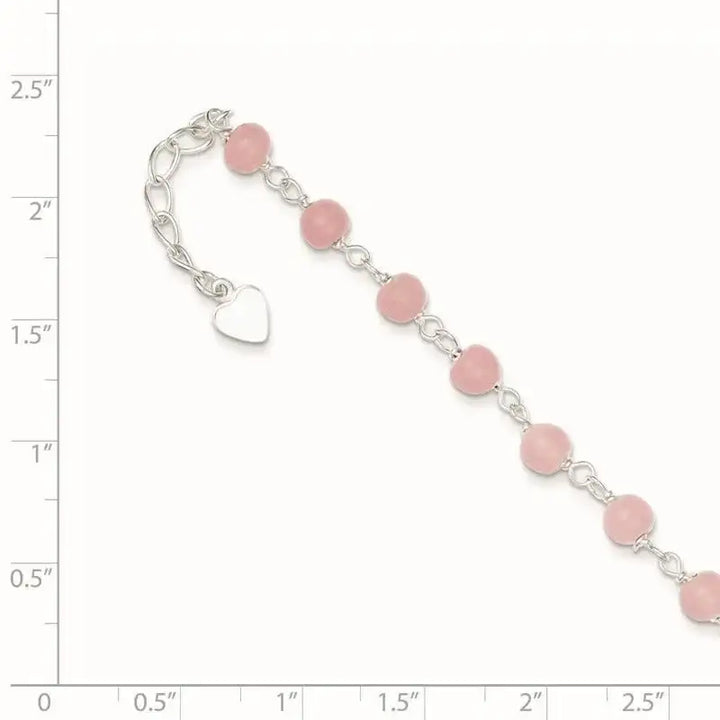Sterling Silver Pink Glass Bead with Heart 8in Plus 1in ext Anklet - Larson Jewelers