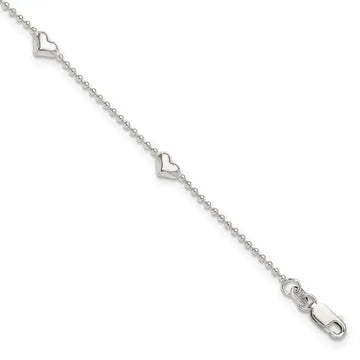 Sterling Silver Dangling Heart 9in Plus 1in ext Anklet - Larson Jewelers
