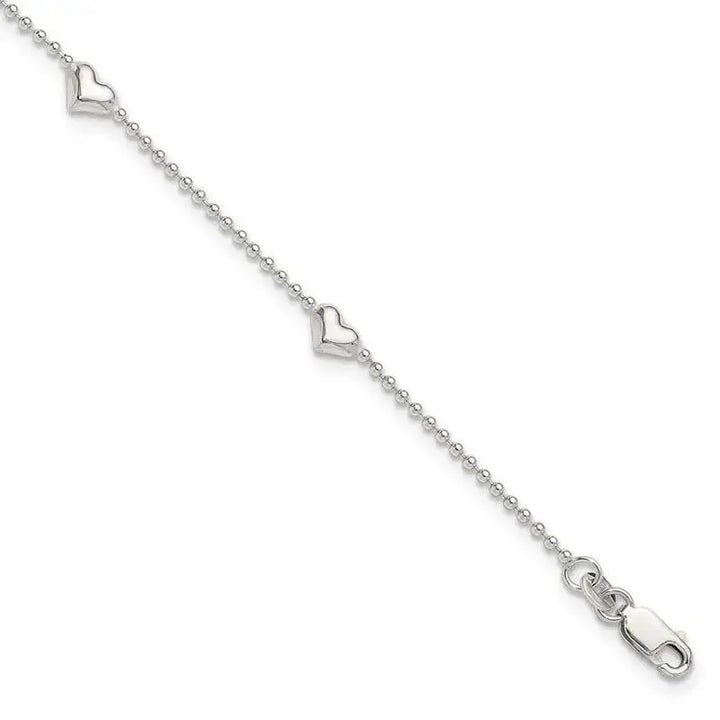 Sterling Silver Dangling Heart 9in Plus 1in ext Anklet - Larson Jewelers