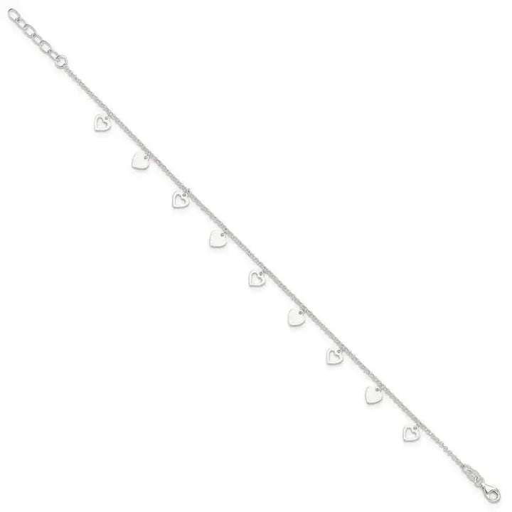 Sterling Silver Polished Hearts 9in Plus 1in Ext. Anklet - Larson Jewelers