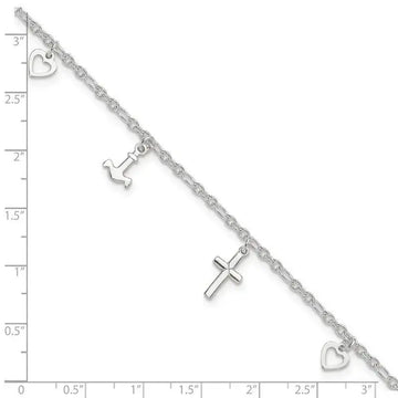 Sterling Silver Cross Heart and Anchor 10in Plus 1in ext Anklet - Larson Jewelers