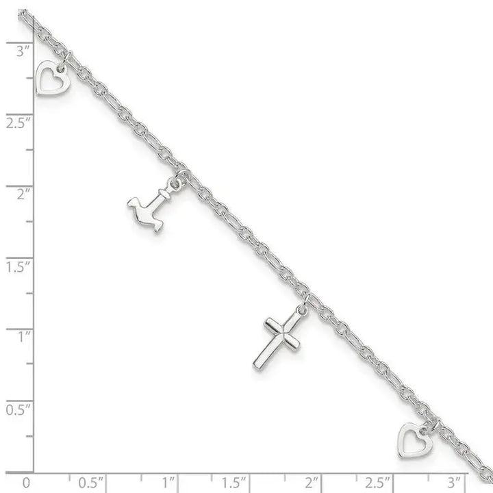 Sterling Silver Cross Heart and Anchor 10in Plus 1in ext Anklet - Larson Jewelers