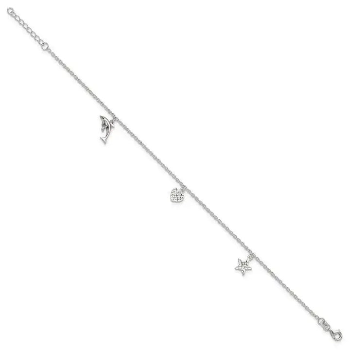 Sterling Silver Polished Heart, Star and Dolphin 9in Plus 1in Ext. Anklet - Larson Jewelers