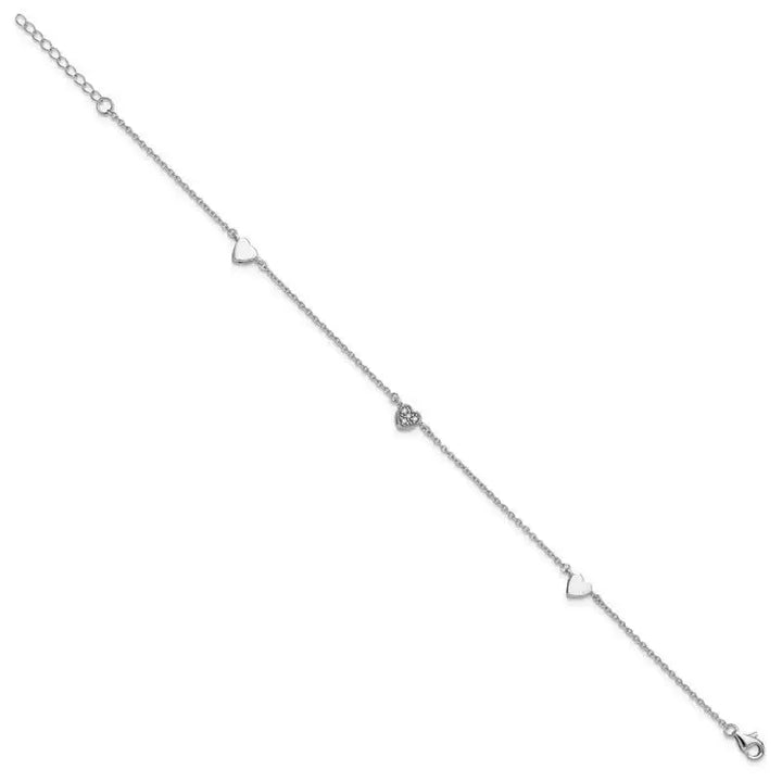 Sterling Silver Rhodium-plated CZ 9in Plus 1in Ext Heart Anklet - Larson Jewelers