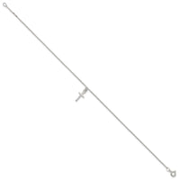 Sterling Silver 10 in Solid Polished Cross on Box Chain Anklet