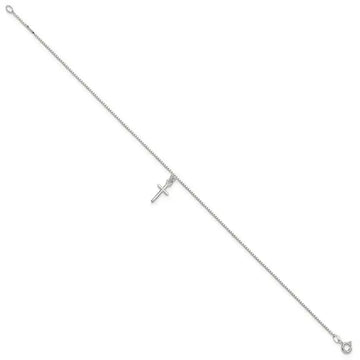 Sterling Silver 10 in Solid Polished Cross on Box Chain Anklet - Larson Jewelers