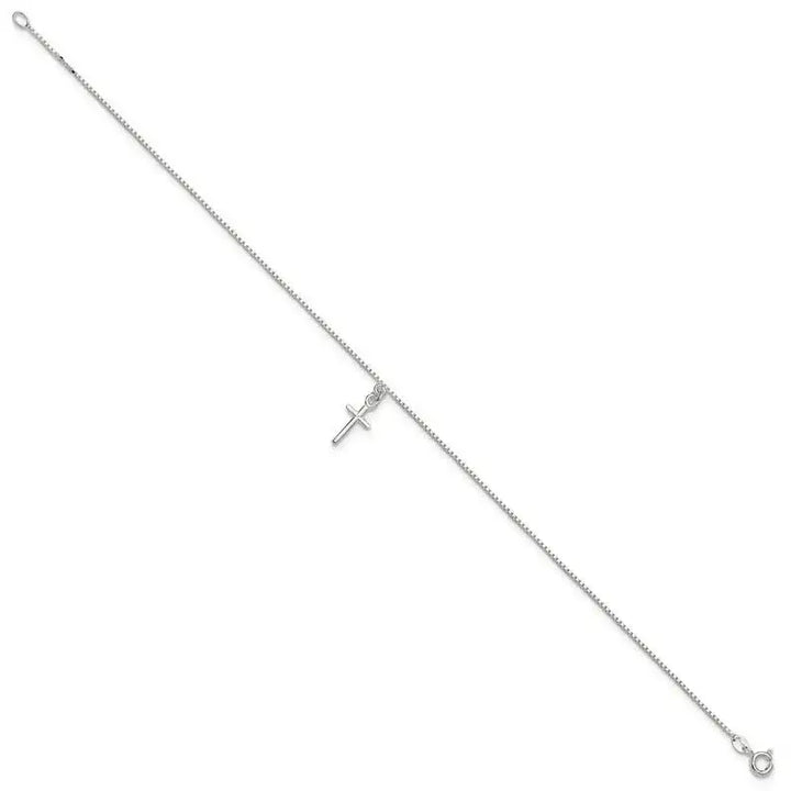 Sterling Silver 10 in Solid Polished Cross on Box Chain Anklet - Larson Jewelers