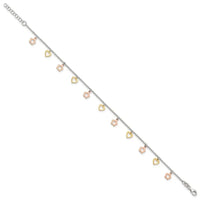 Sterling Silver Gold and Rose-tone Heart Flower 9in Plus 1in ext. Anklet - Larson Jewelers
