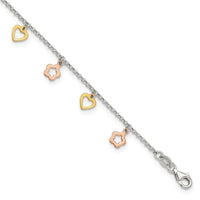 Sterling Silver Gold and Rose-tone Heart Flower 9in Plus 1in ext. Anklet - Larson Jewelers
