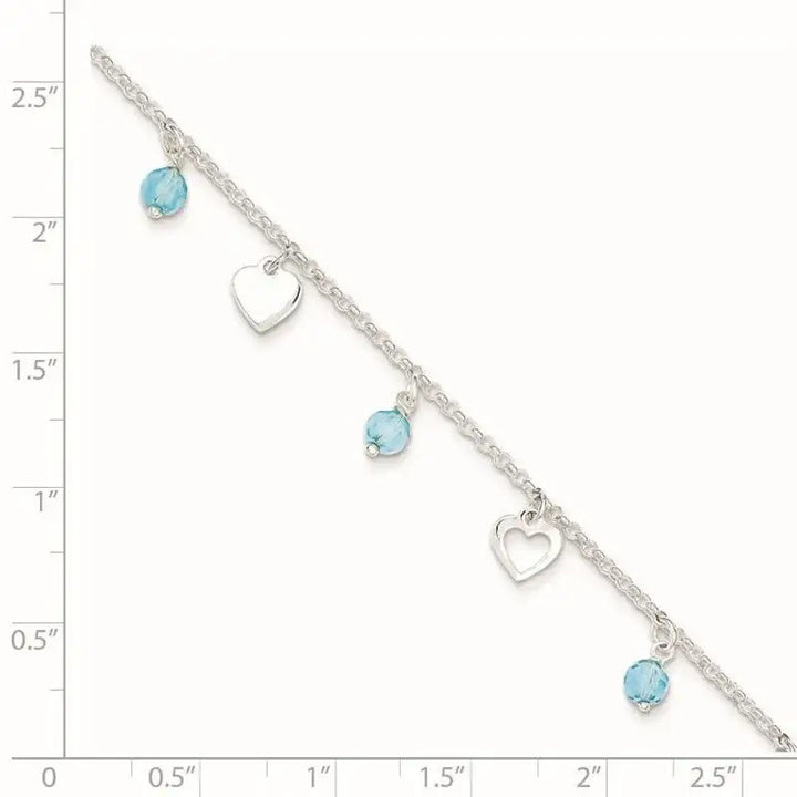 Sterling Silver 9 inch Heart and Blue Glass Plus1in ext. Anklet - Larson Jewelers
