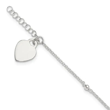 Sterling Silver Polished Bead and Heart 9in Plus 1in Ext. Anklet - Larson Jewelers