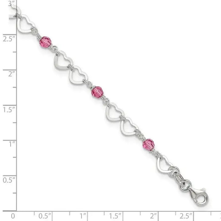 Sterling Silver Pink Beads and Polished Hearts 1in w/ext. Anklet - Larson Jewelers