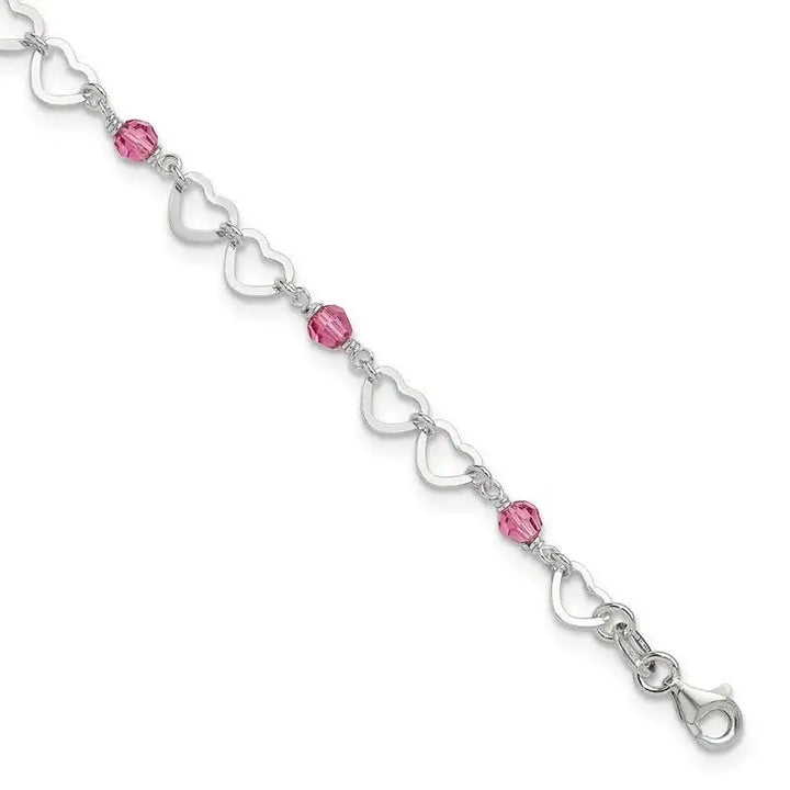 Sterling Silver Pink Beads and Polished Hearts 1in w/ext. Anklet - Larson Jewelers
