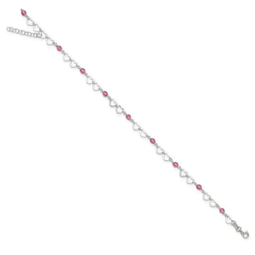 Sterling Silver Pink Beads and Polished Hearts 9 inch Anklet with 1inch extension - Larson Jewelers