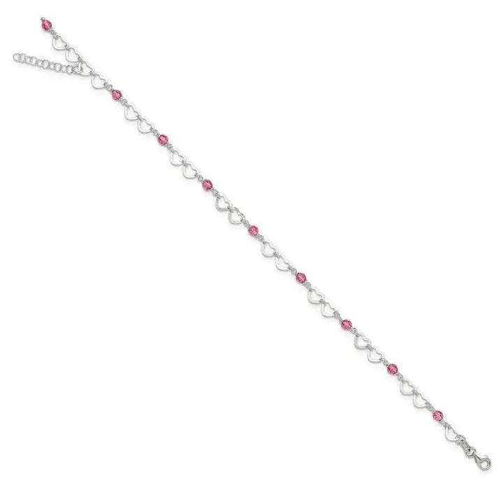 Sterling Silver Pink Beads and Polished Hearts 9 inch Anklet with 1inch extension - Larson Jewelers