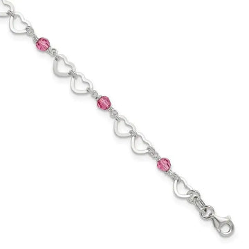 Sterling Silver Pink Beads and Polished Hearts 9 inch Anklet with 1inch extension - Larson Jewelers