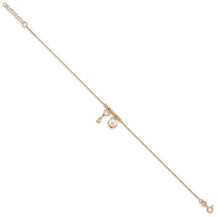 Sterling Silver Rose-tone Polished Heart Lock with 1in ext Anklet - Larson Jewelers