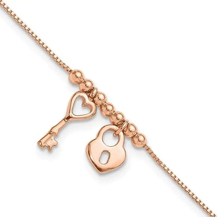 Sterling Silver Rose-tone Polished Heart Lock with 1in ext Anklet - Larson Jewelers