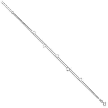 Sterling Silver Rhodium-plated 2-Strand 9 in Plus 1in ext. Heart Anklet - Larson Jewelers