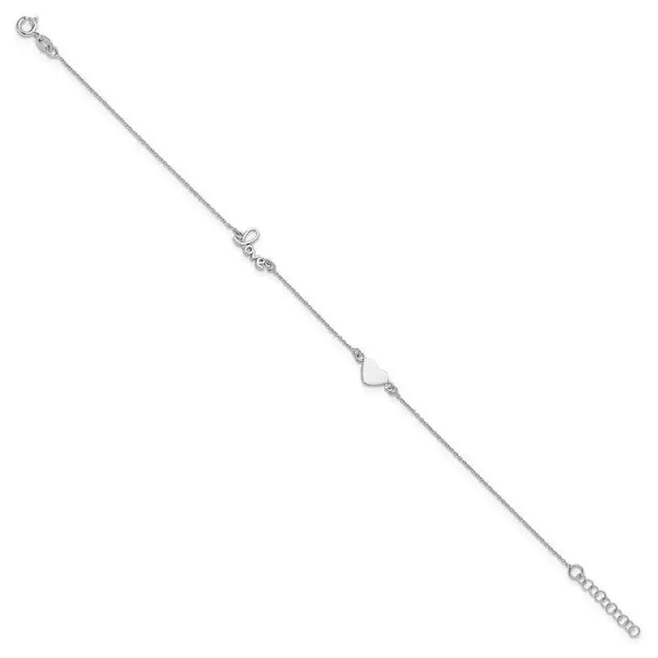 Sterling Silver Rhodium-plated Heart and LOVE 9in Plus 1in ext. Anklet - Larson Jewelers