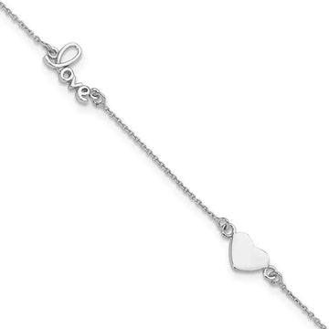 Sterling Silver Rhodium-plated Heart and LOVE 9in Plus 1in ext. Anklet - Larson Jewelers
