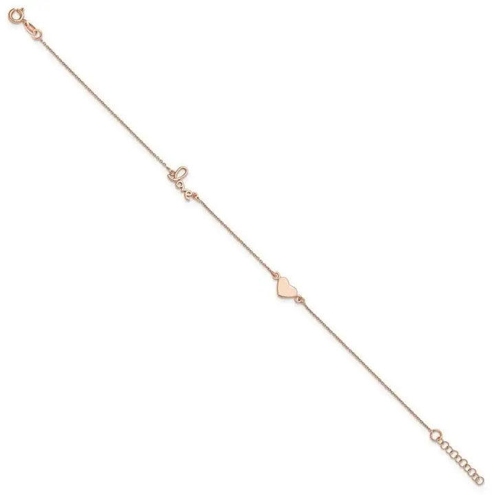 Sterling Silver Rose Tone Love and Heart 9in Plus 1in ext Anklet - Larson Jewelers