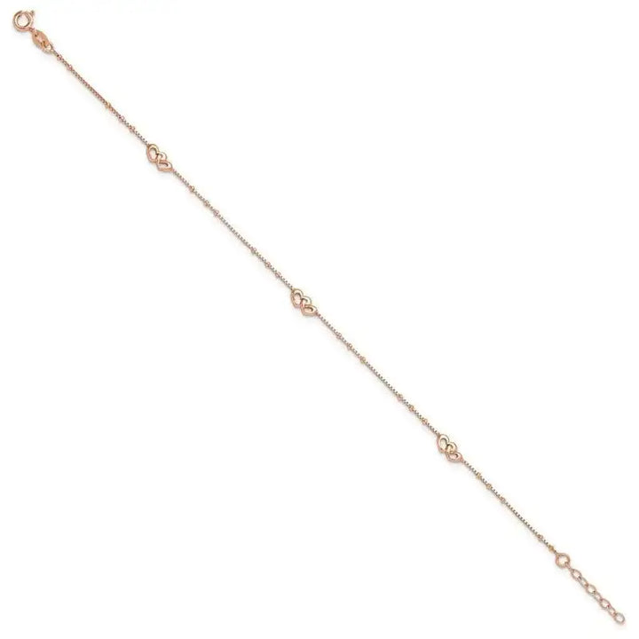 Sterling Silver Rose-tone Polished Hearts 9in Plus 1in Ext Anklet - Larson Jewelers