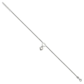 Sterling Silver Rhodium-plated Heart Dangle Charm 9in w/1in ext Anklet - Larson Jewelers