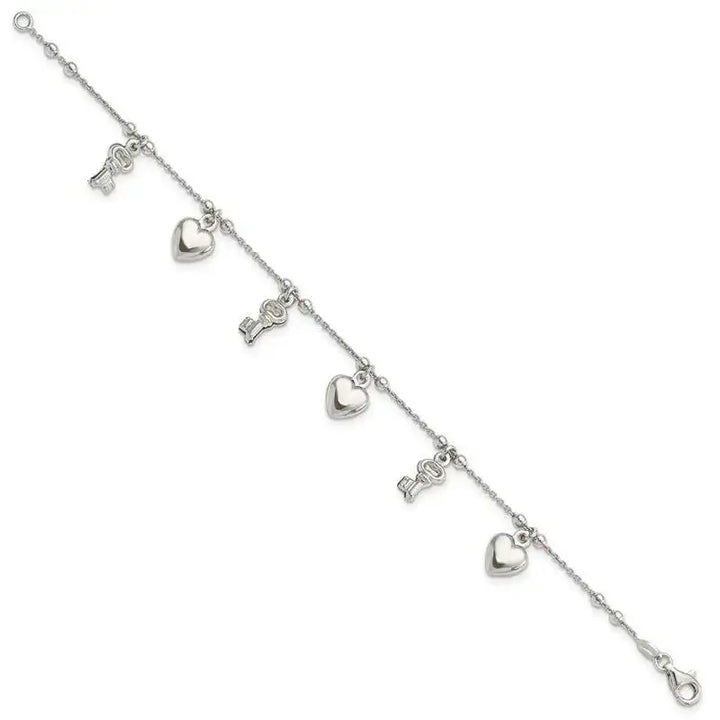 Sterling Silver Rhodium-plated Heart and Key Dangle 6.75in Bracelet - Larson Jewelers