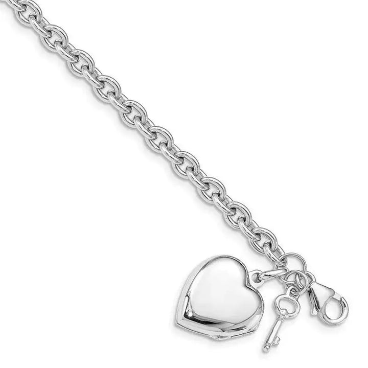 Sterling Silver Rhodium-plated Puffed Heart Locket & Key Bracelet - Larson Jewelers
