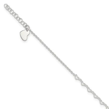 Sterling Silver Heart Link 9in Plus 1 in Ext. Anklet - Larson Jewelers