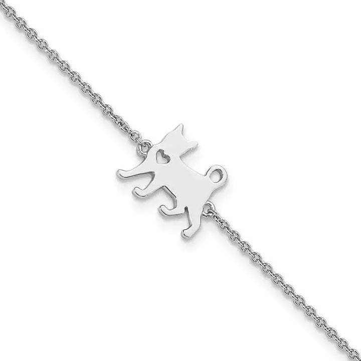 Sterling Silver Rhodium-plated Cat w/Heart 7in Plus 1in ext Bracelet - Larson Jewelers