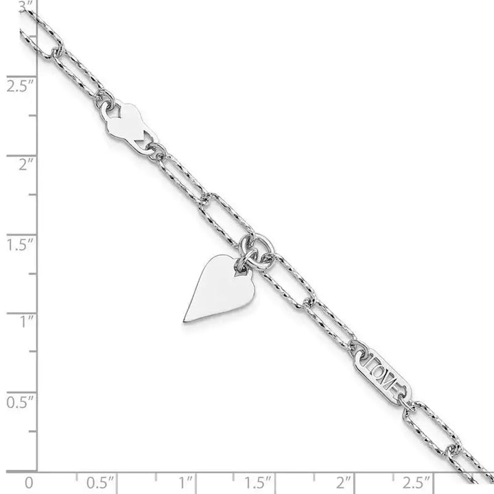 Sterling Silver Rhodium-plated Diamond-cut LOVE/Heart Dangle Bracelet - Larson Jewelers