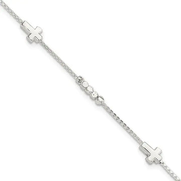 Sterling Silver Fancy Bead & Cross w/ 1in ext Bracelet - Larson Jewelers