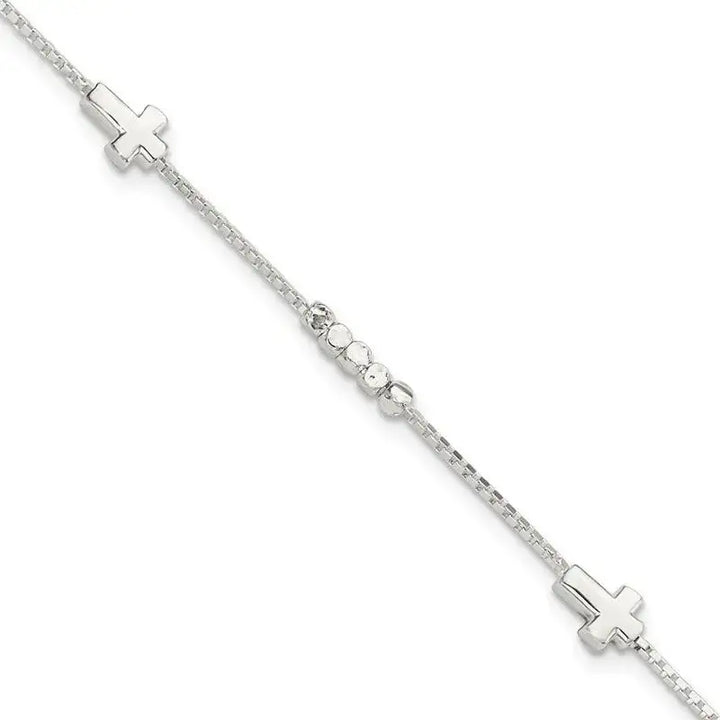 Sterling Silver Fancy Bead & Cross w/ 1in ext Bracelet - Larson Jewelers