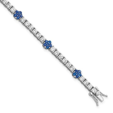 Sterling Silver Rhodium-plated Cr Blue Spinel & CZ Flower 7in Bracelet - Larson Jewelers