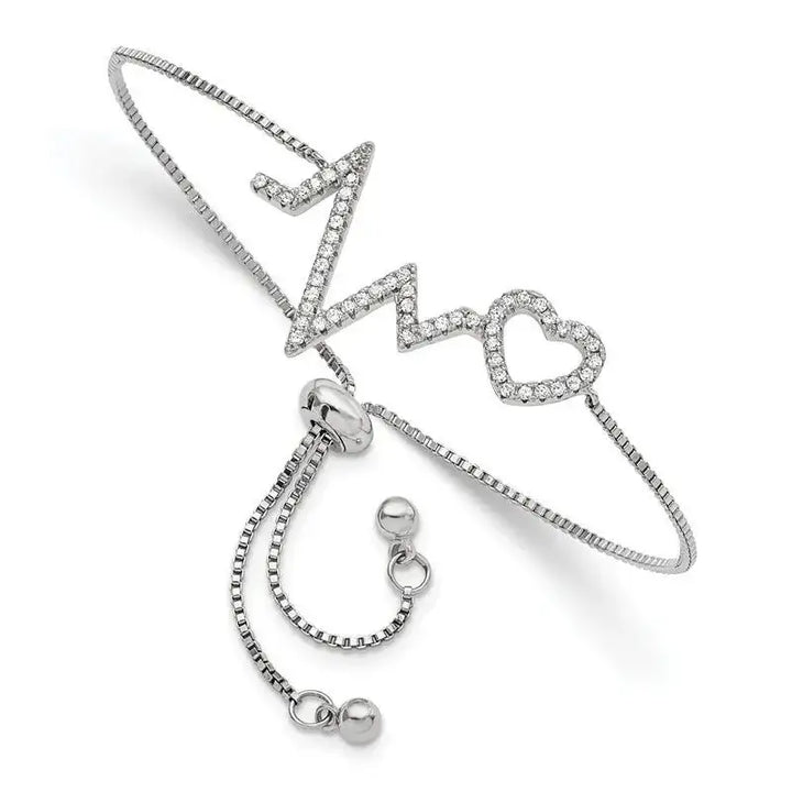 Sterling Silver Polished Rhodium Micro Pav‚ CZ Heartbeat Adj. Bracelet - Larson Jewelers