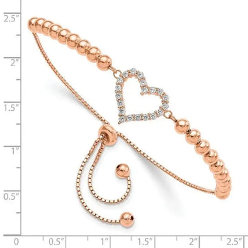 Sterling Silver Rose-tone Beaded CZ Heart Adjustable Bracelet - Larson Jewelers