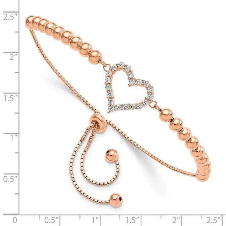 Sterling Silver Rose-tone Beaded CZ Heart Adjustable Bracelet - Larson Jewelers