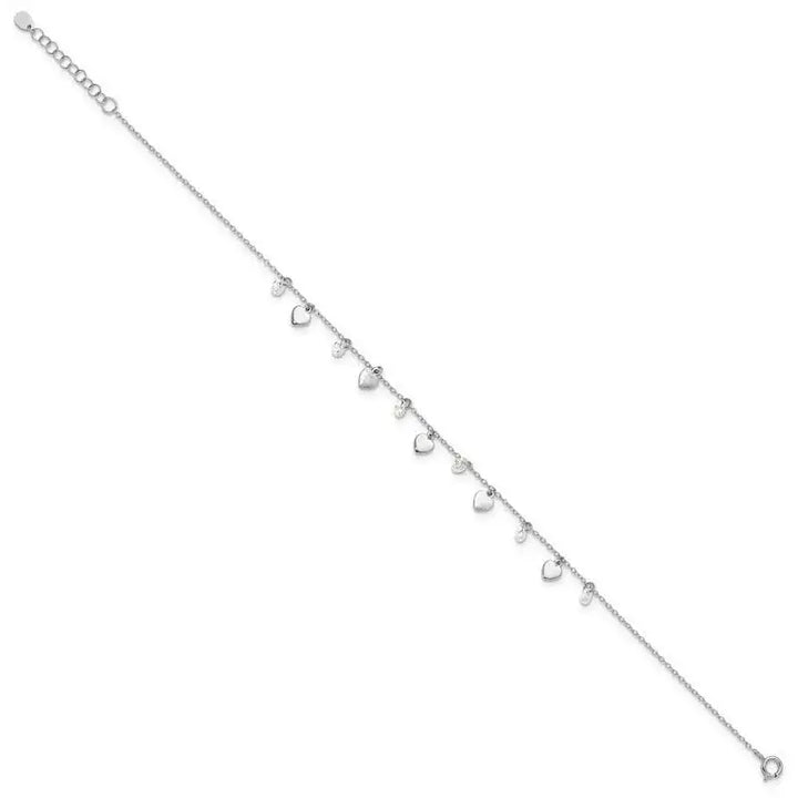 Sterling Silver Rh-plate Polished and Satin CZ Heart 9in Plus 1in ext. Ankl - Larson Jewelers