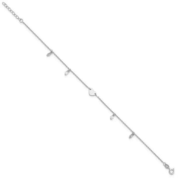 Sterling Silver Rhodium-plated Heart Glass Beads 9in Plus 1in ext Anklet - Larson Jewelers