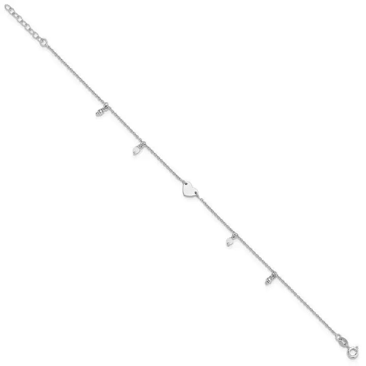 Sterling Silver Rhodium-plated Heart Glass Beads 9in Plus 1in ext Anklet - Larson Jewelers