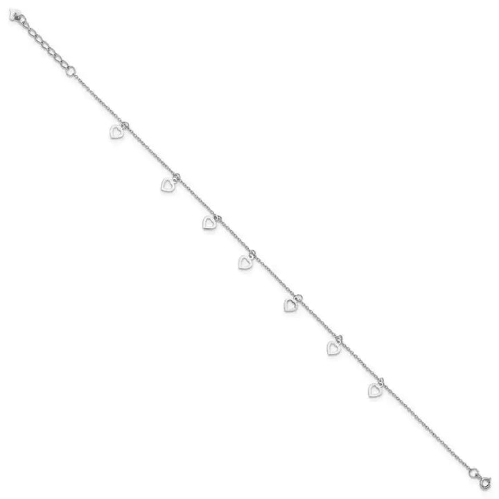 Sterling Silver Rhodium-plated Polished Heart 9.5in Plus 1in ext. Anklet - Larson Jewelers