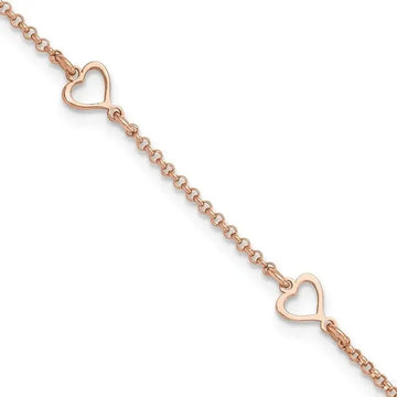 Sterling Silver Rose Tone Hearts 9in Plus 1in ext Anklet - Larson Jewelers