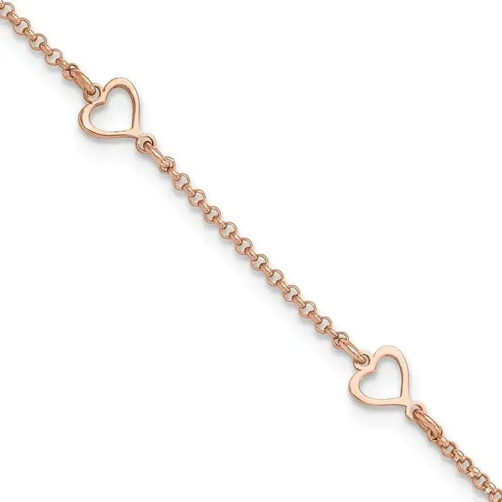 Sterling Silver Rose Tone Hearts 9in Plus 1in ext Anklet - Larson Jewelers
