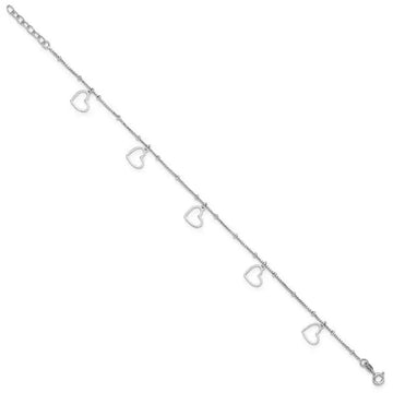 Sterling Silver Rhodium-plated Heart Dangles 9in Plus 1in ext Anklet - Larson Jewelers