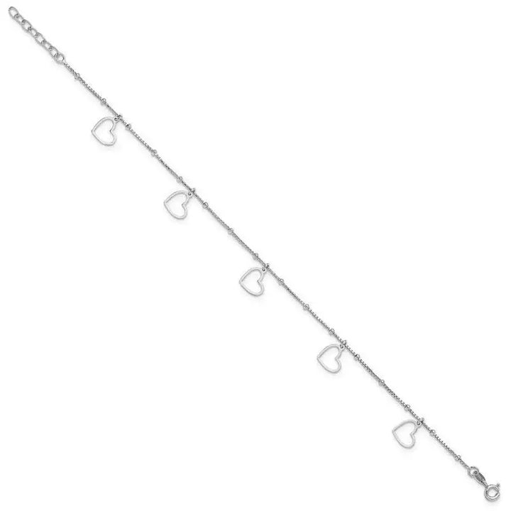 Sterling Silver Rhodium-plated Heart Dangles 9in Plus 1in ext Anklet - Larson Jewelers