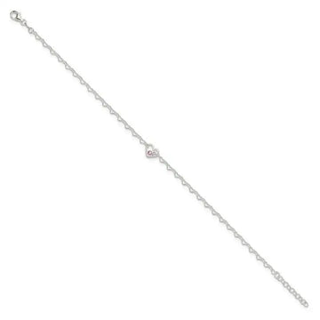 Sterling Silver Polished CZ Heart Link 9in Plus 1in ext. Anklet - Larson Jewelers