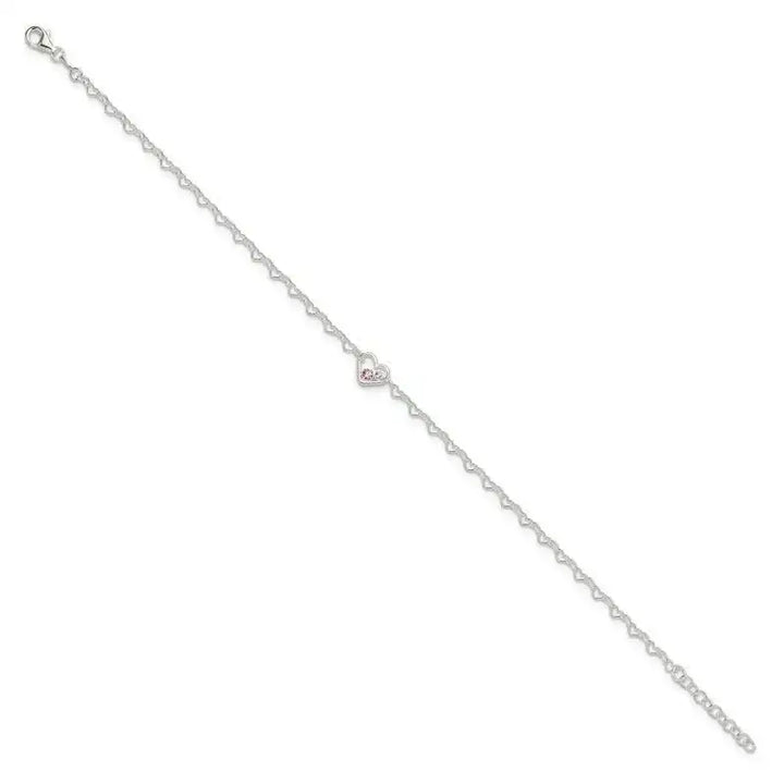 Sterling Silver Polished CZ Heart Link 9in Plus 1in ext. Anklet - Larson Jewelers