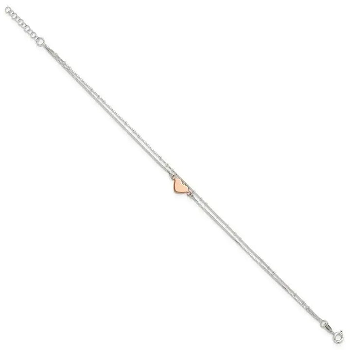 Sterling Silver Rose Tone 2-Strand Heart 9in Plus 1in ext. Anklet - Larson Jewelers